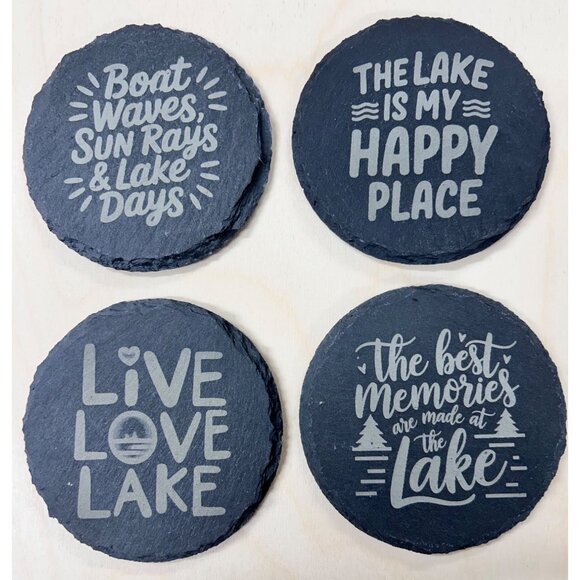 Set Of 4 Round Slate Coasters With Lake-Themed Quotes & Foam Feet - Picture 1 of 6